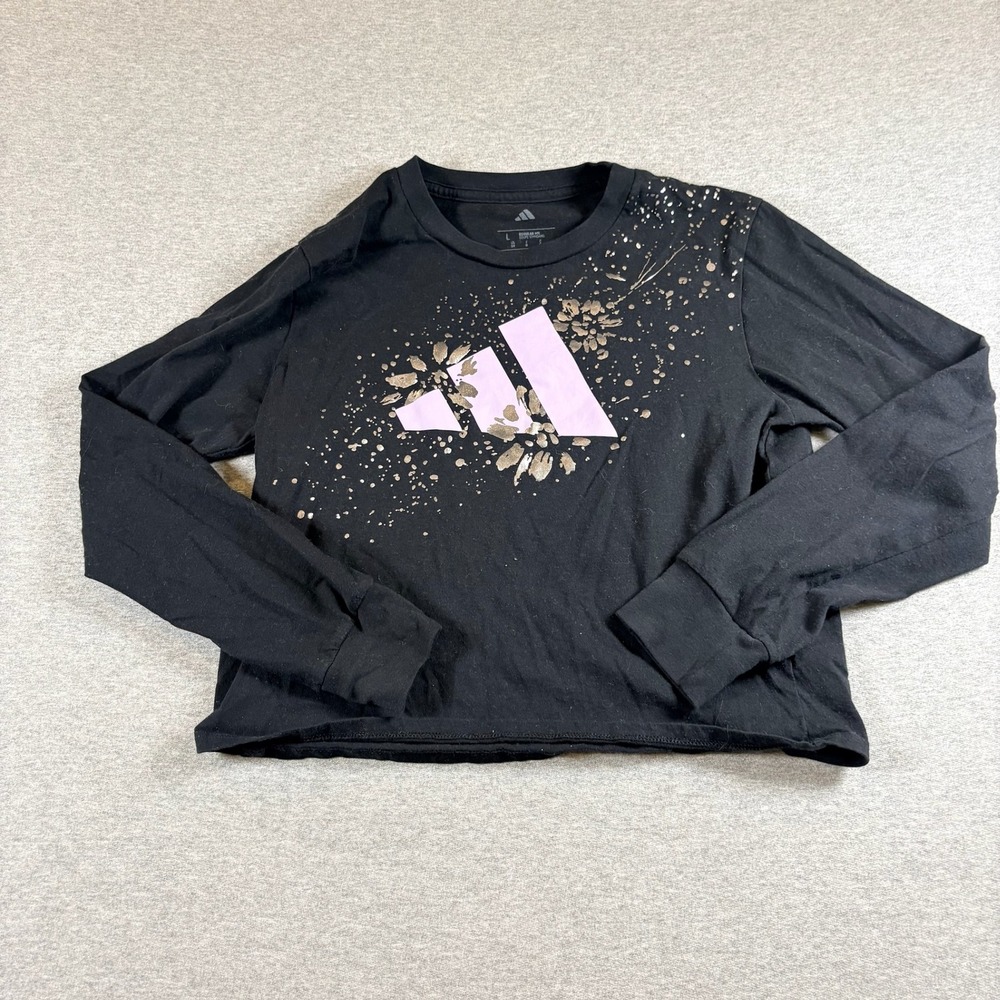 Adidas Long Sleeve Tee Girls L Black Graphic Metallic Splatter Logo